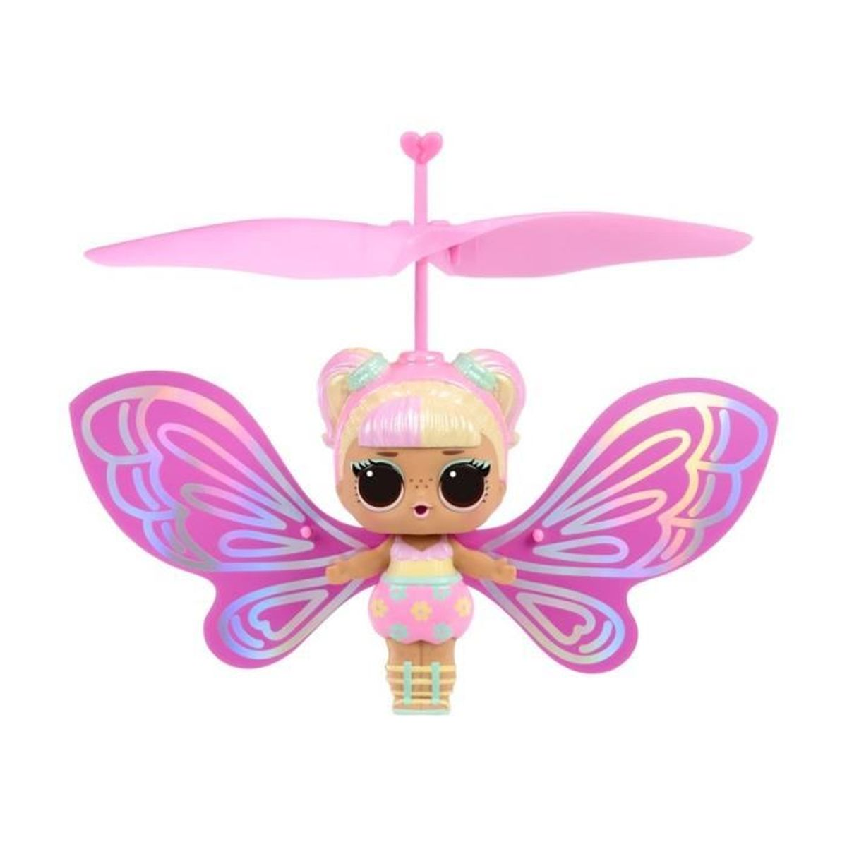 Eine puppenhafte Figur mit rosa Flügeln und Propeller, die einen bunten Rock trägt.