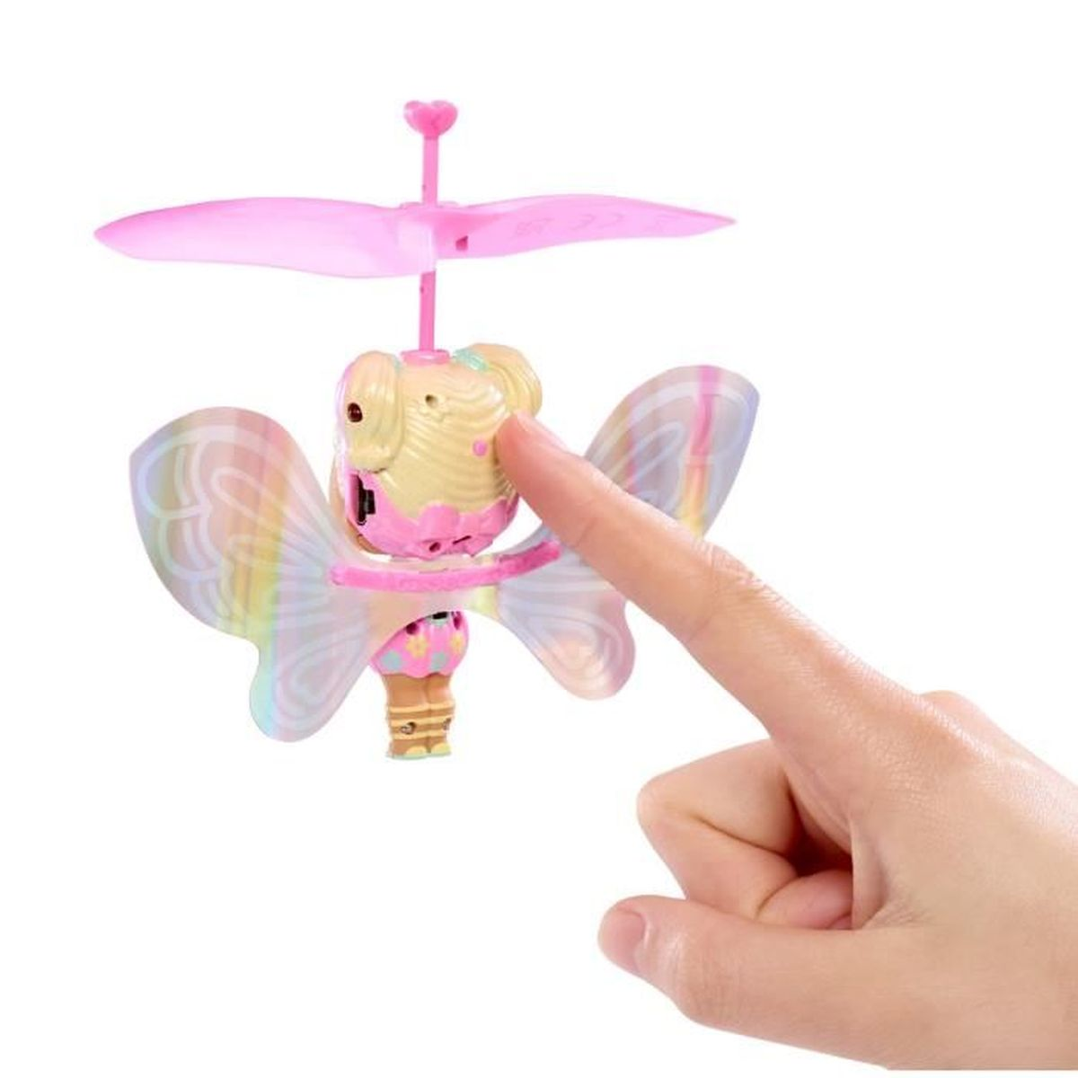 Eine Fee-Drohne mit rosa Propellern wird von einem Finger berührt.