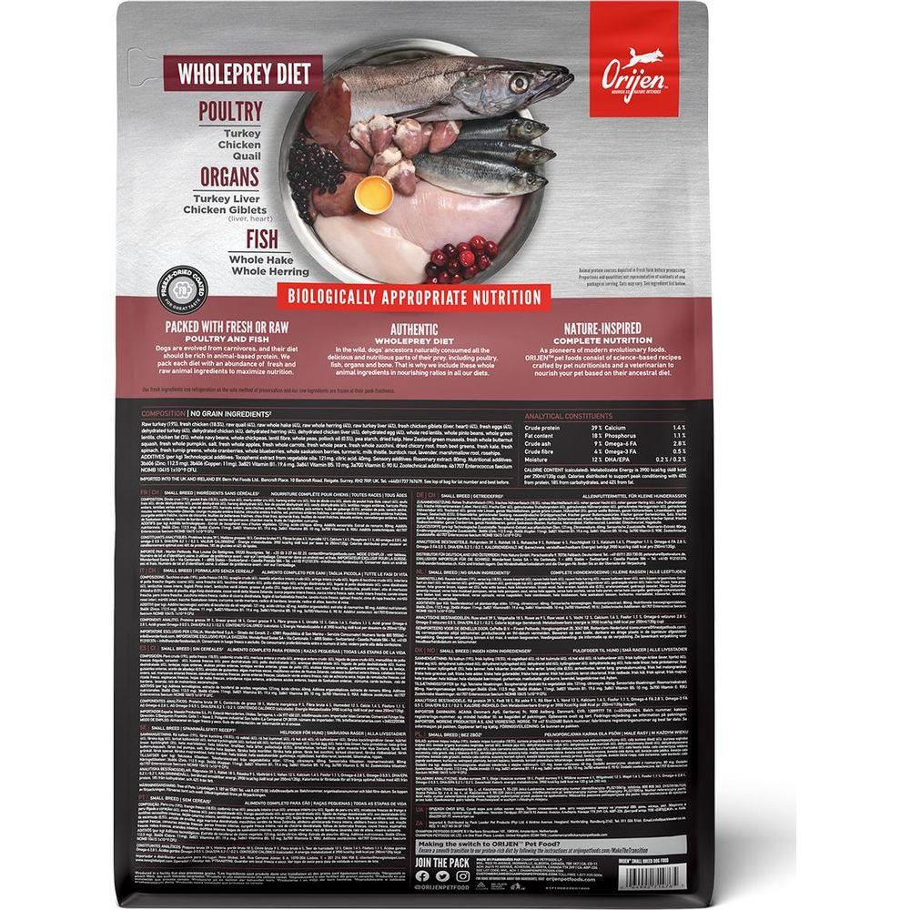 Opakowanie karmy dla psów Orijen z surową rybą, drobiem i podrobami. Lista składników.