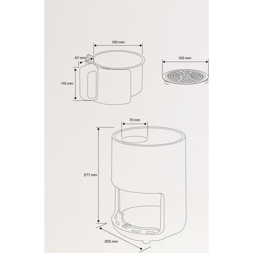 Dibujo técnico de una taza, colador y cilindro con dimensiones.