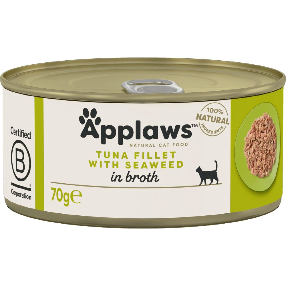Applaws Katzenfutter: Thunfischfilet mit Seetang in Brühe, 70g Dose.