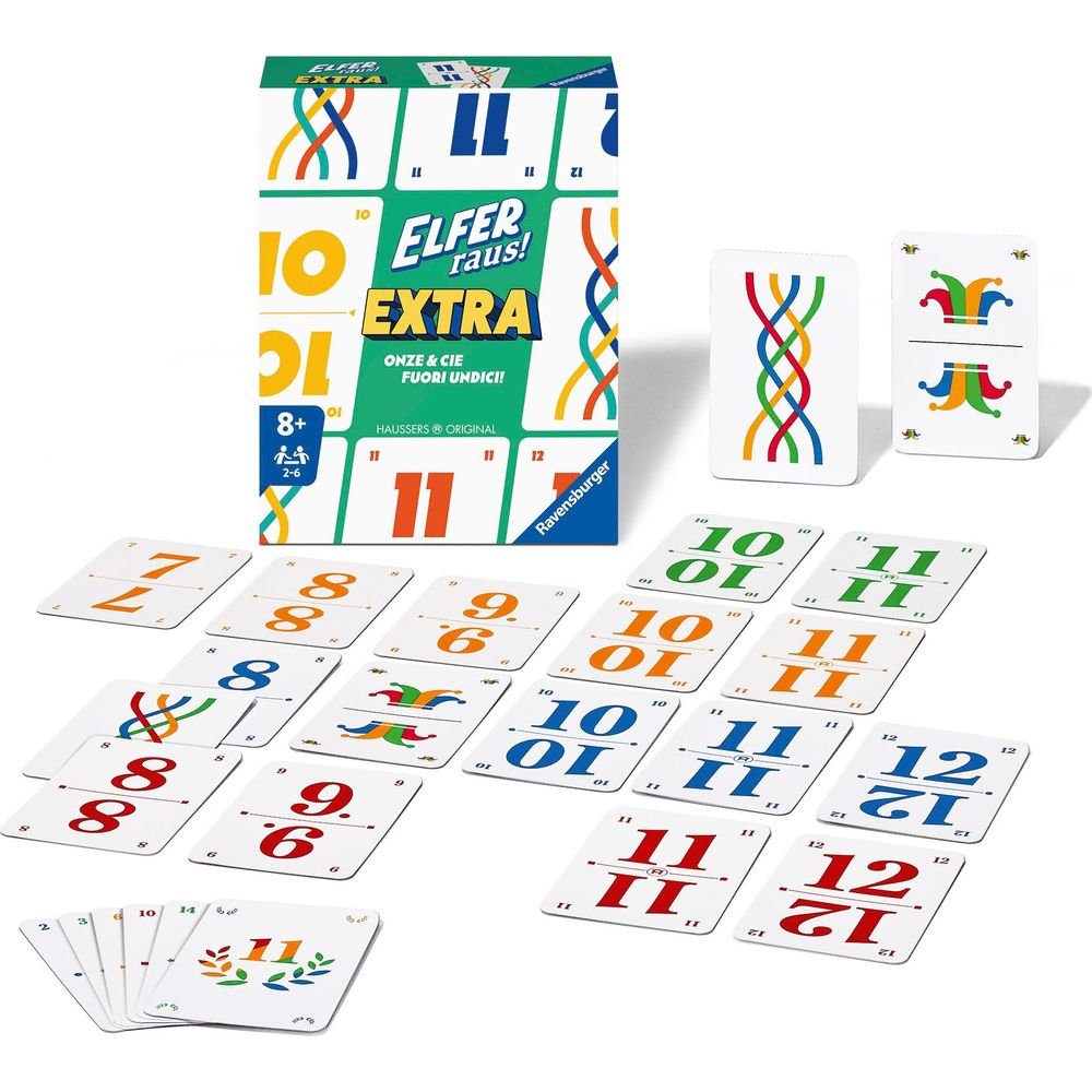 Cartes et boîte du jeu 'Elfer Raus! Extra' de Ravensburger sur fond blanc.
