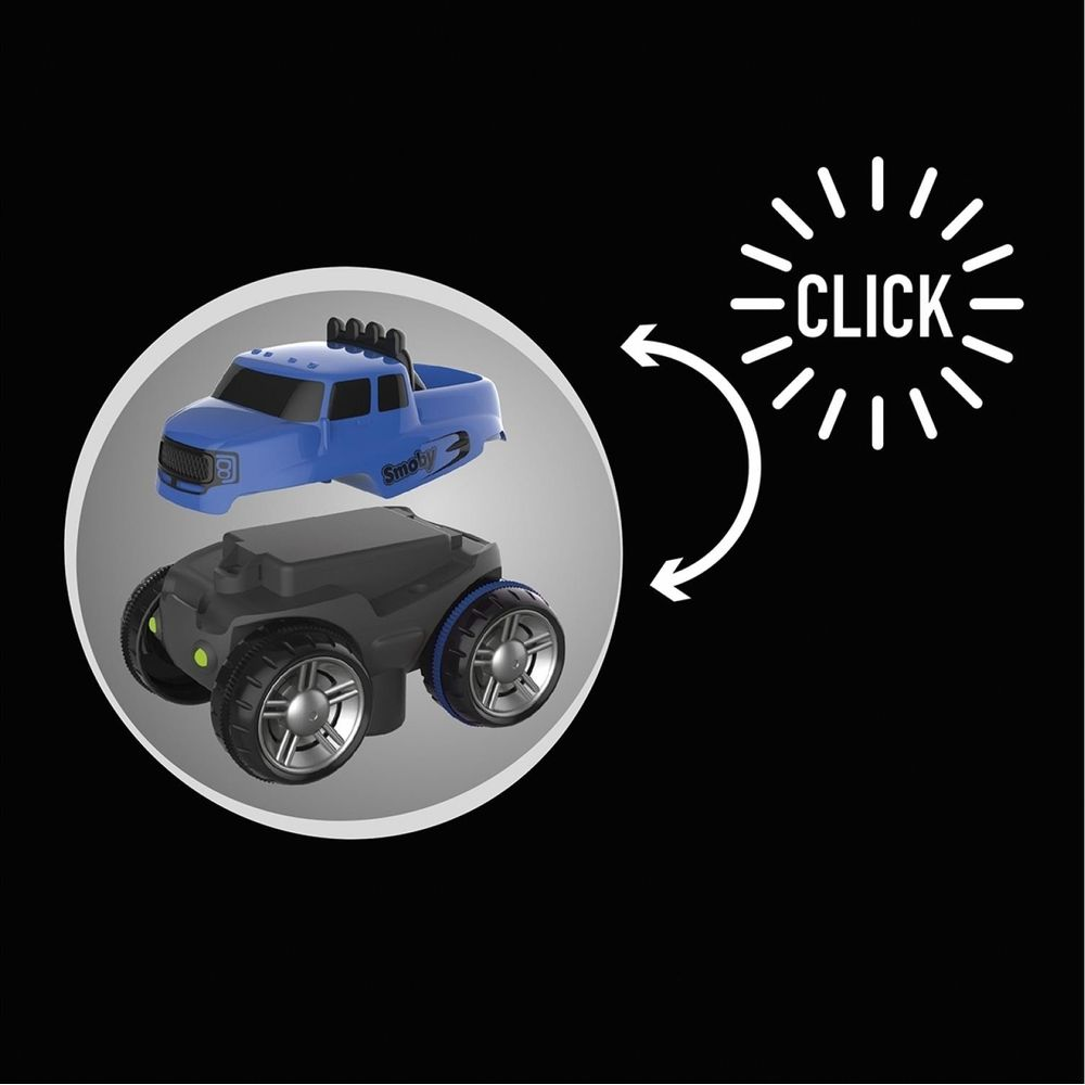 Ein blaues Spielzeugauto mit Rädern, das auf einem Chassis befestigt wird. Klick-Symbol daneben.