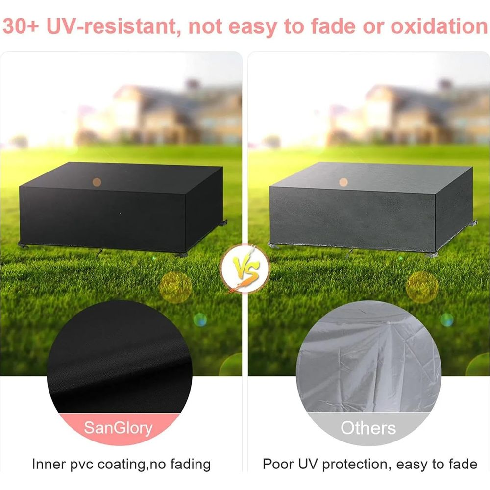 Schwarze und graue Abdeckungen auf Gras, Vergleich von UV-Schutz.
