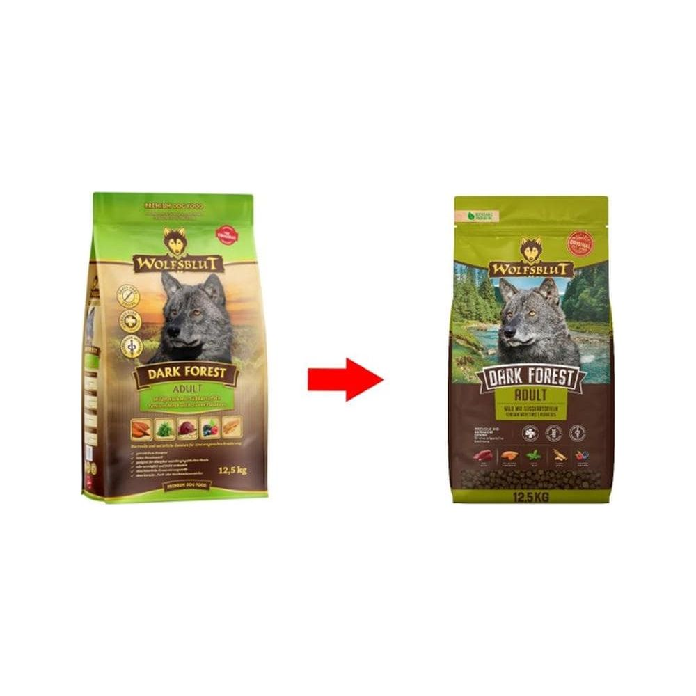 Dwa worki karmy dla psów z wizerunkiem wilka, jeden zielony, jeden brązowy.