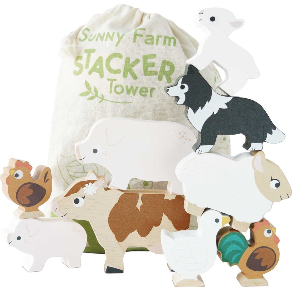 Drewniane zwierzęta z farmy ułożone na stosie z torbą z napisem "Sunny Farm Stacker Tower".