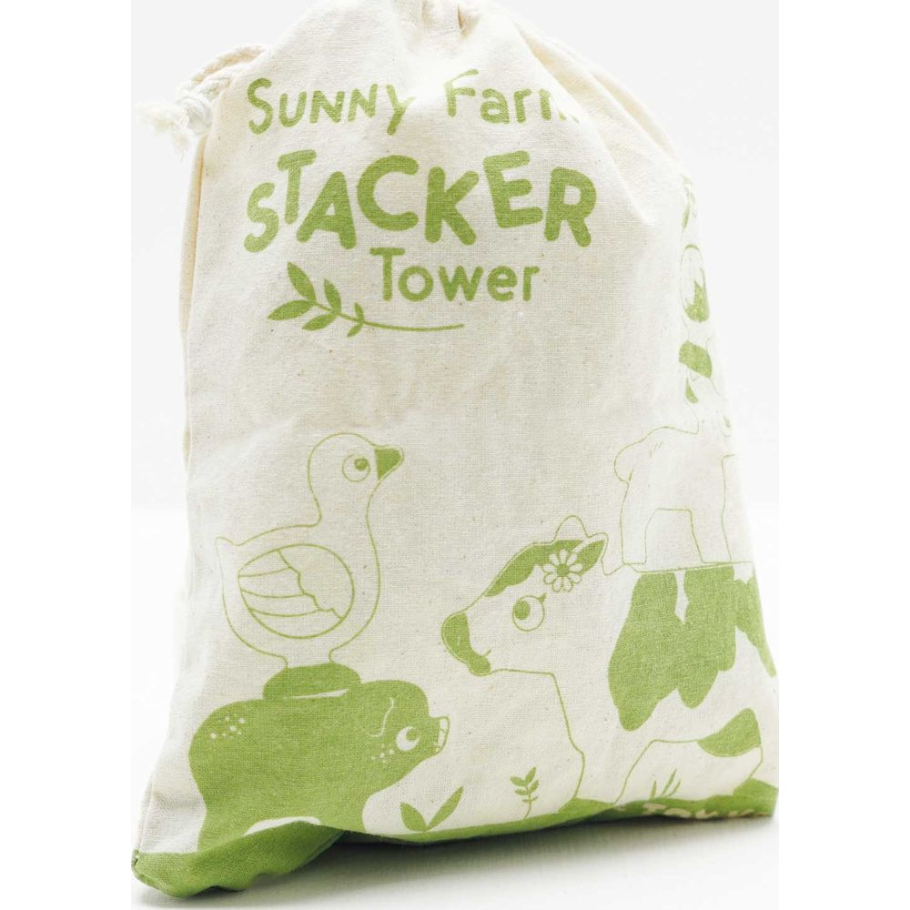Torba z zielonymi zwierzętami z farmy i napisem 'Sunny Farm Stacker Tower'.