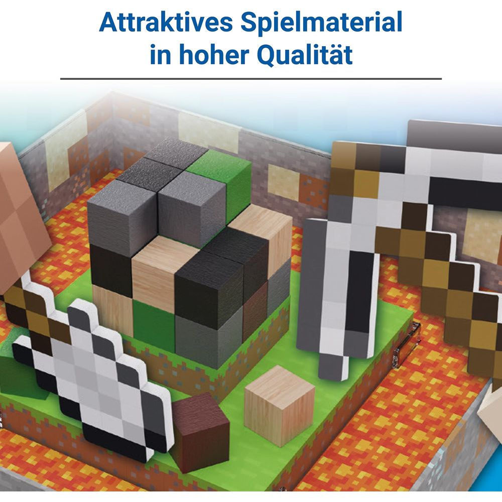 Blocchi pixelati verdi, grigi e color legno formano un paesaggio stile Minecraft.