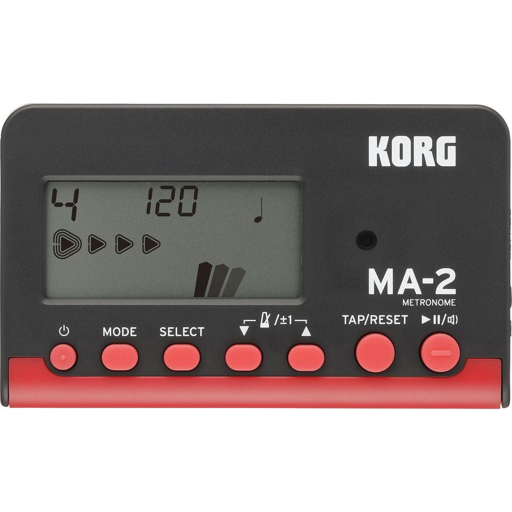 Métronome Korg MA-2 noir avec base rouge et écran LCD.