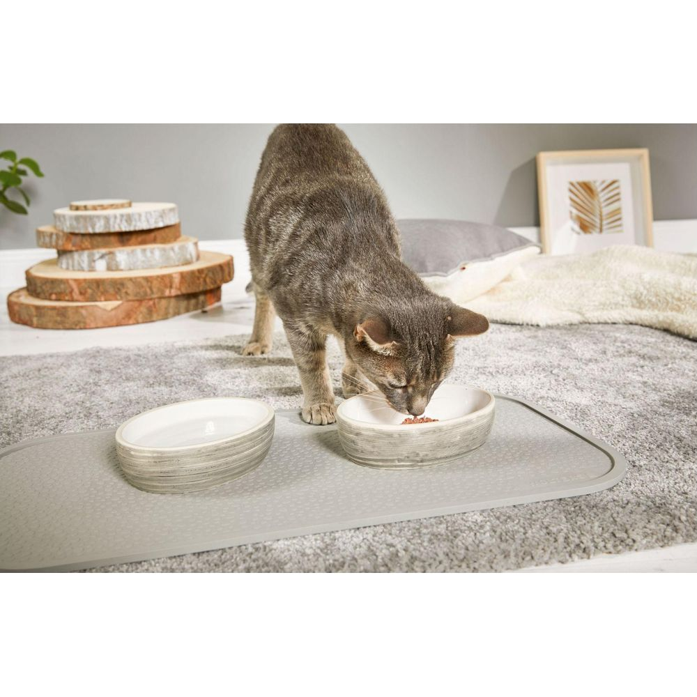Eine getigerte Katze frisst aus einer Schale auf einer Matte.