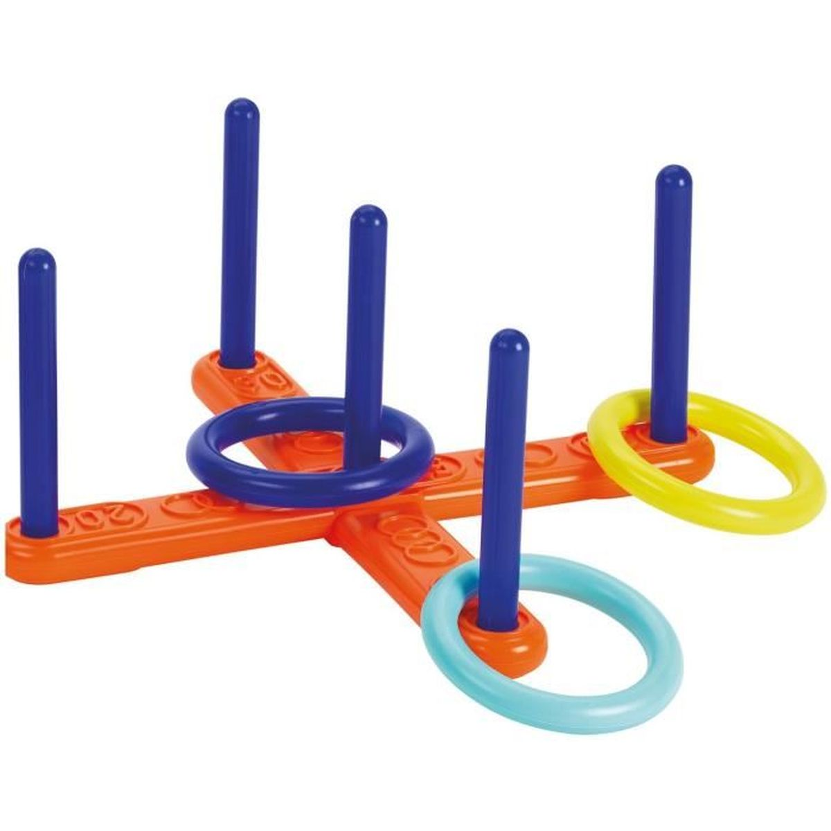 Un juego de lanzar anillos con cuatro postes azules y cuatro anillos coloridos sobre base naranja.