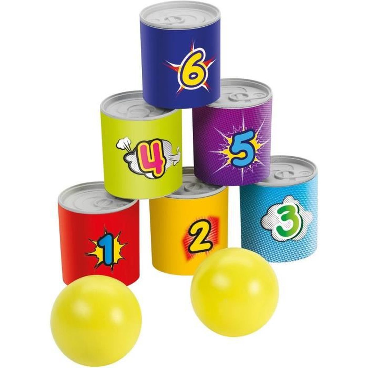 Latas apiladas numeradas con pelotas amarillas delante.