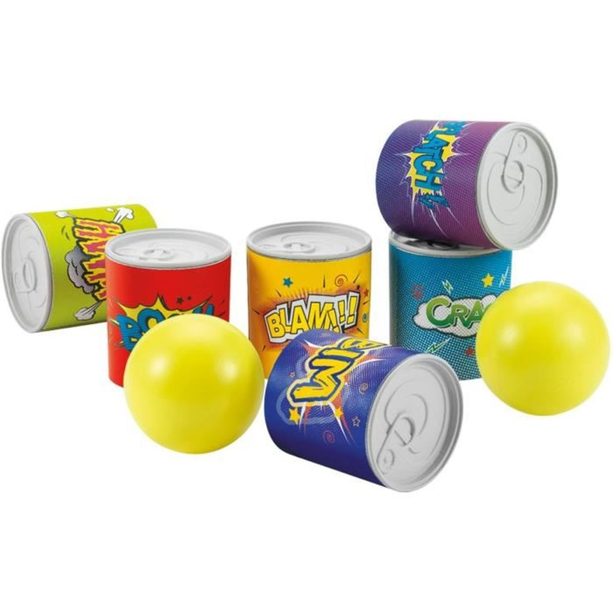 Seis latas con efectos de sonido de cómic y tres pelotas amarillas.