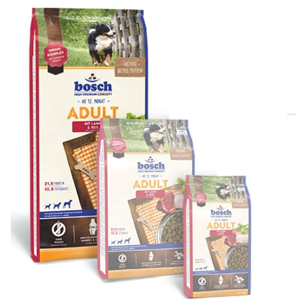 Trzy torby karmy dla psów Bosch Adult z jagnięciną i ryżem, jedna duża, dwie małe.