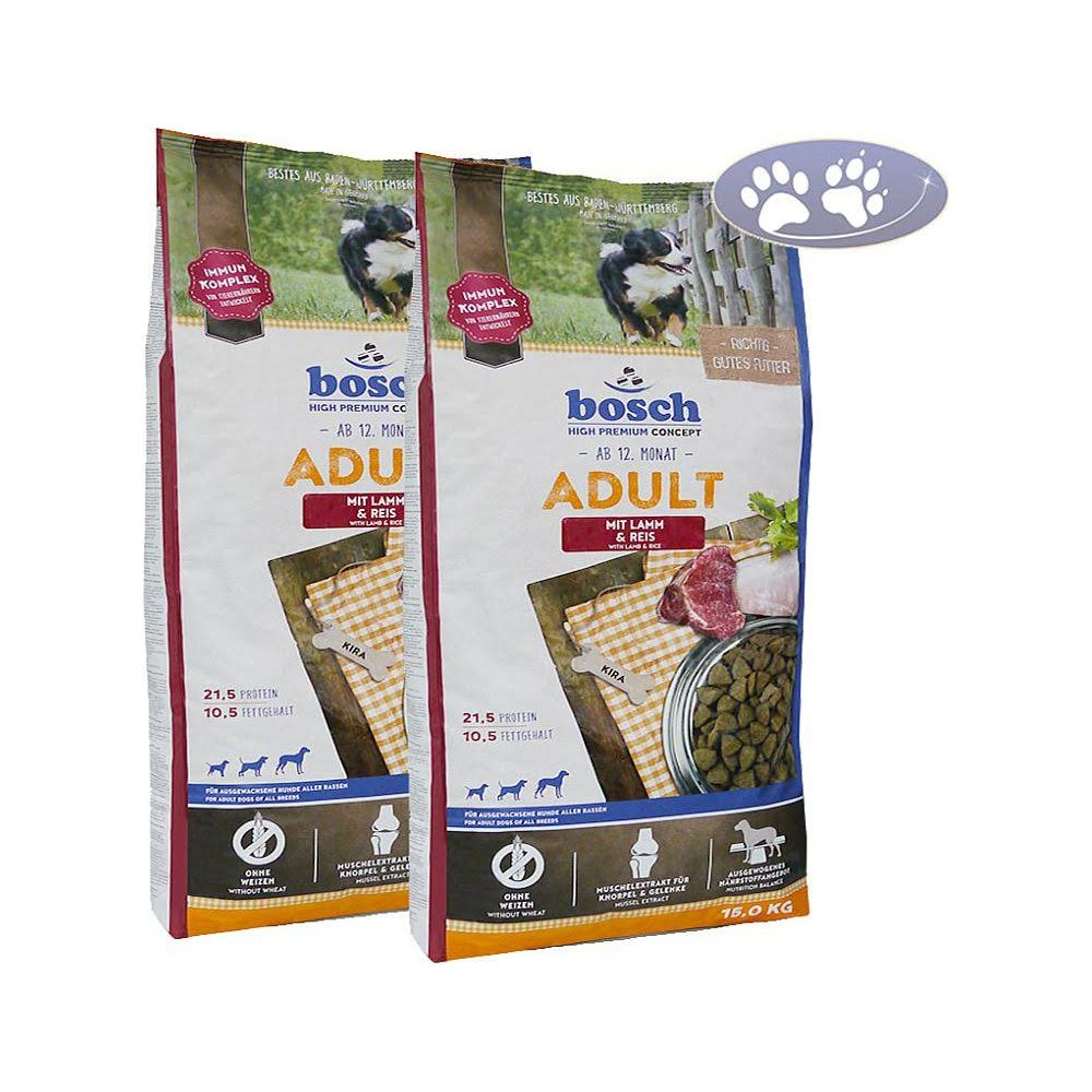 Dwa worki karmy dla psów Bosch Adult z jagnięciną i ryżem, 15,0 kg.