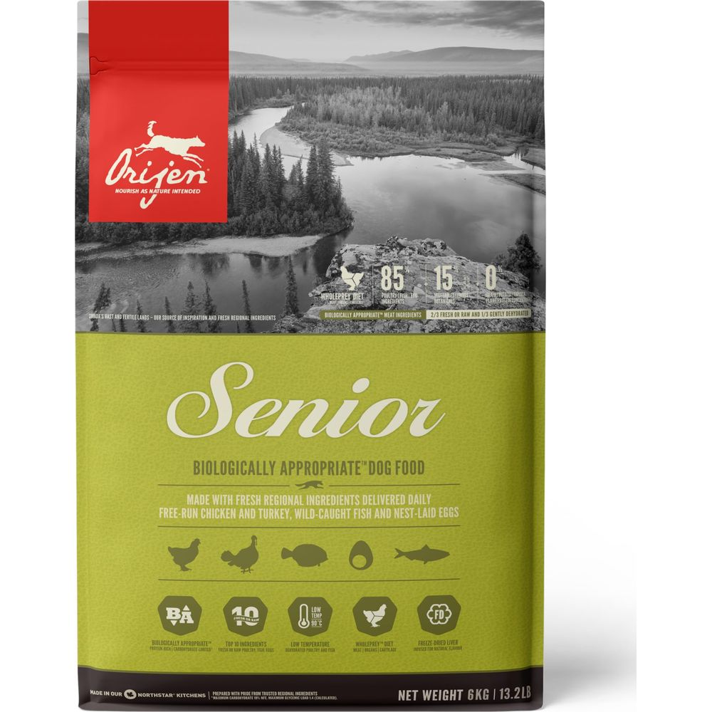 Torba karmy dla psów Orijen Senior z obrazem krajobrazu i szczegółami.