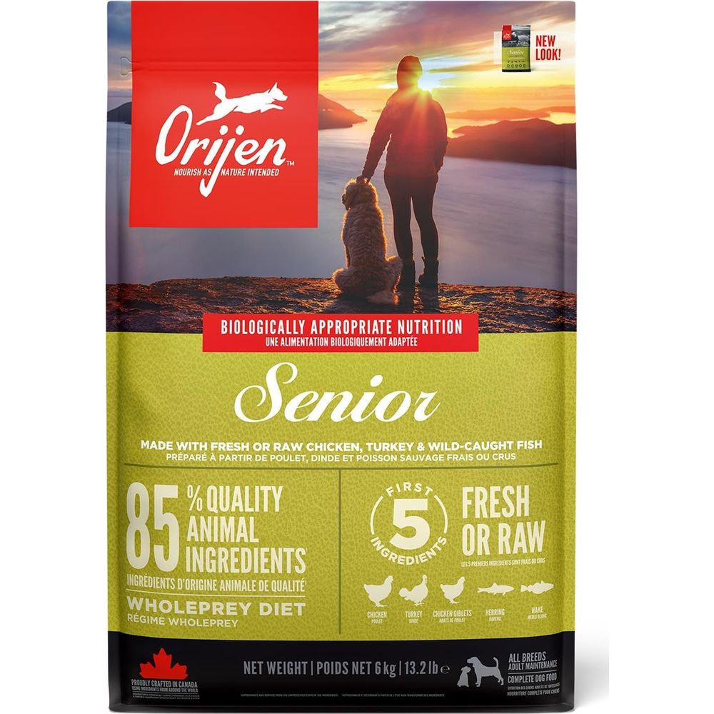 Karma dla psów Orijen Senior: Osoba i pies patrzą na górski krajobraz.