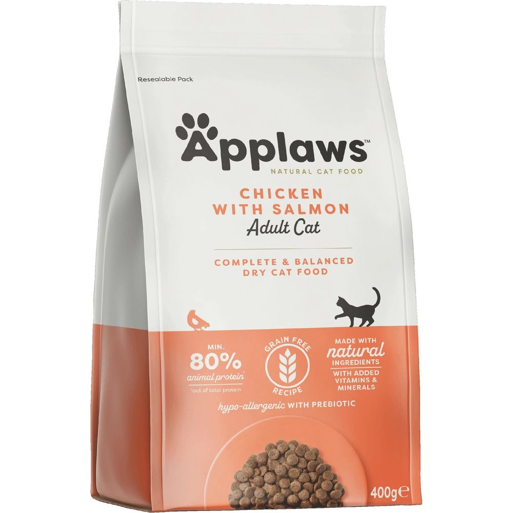 Bolsa de comida para gatos Applaws: Pollo y Salmón, Adulto, 80% proteína animal, sin grano.