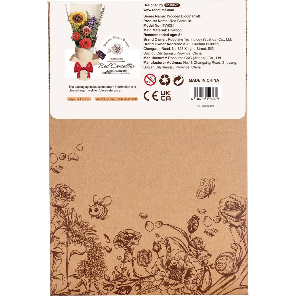 Opakowanie zestawu do rękodzieła z drewna, z bukietem kwiatów i informacjami o produkcie.