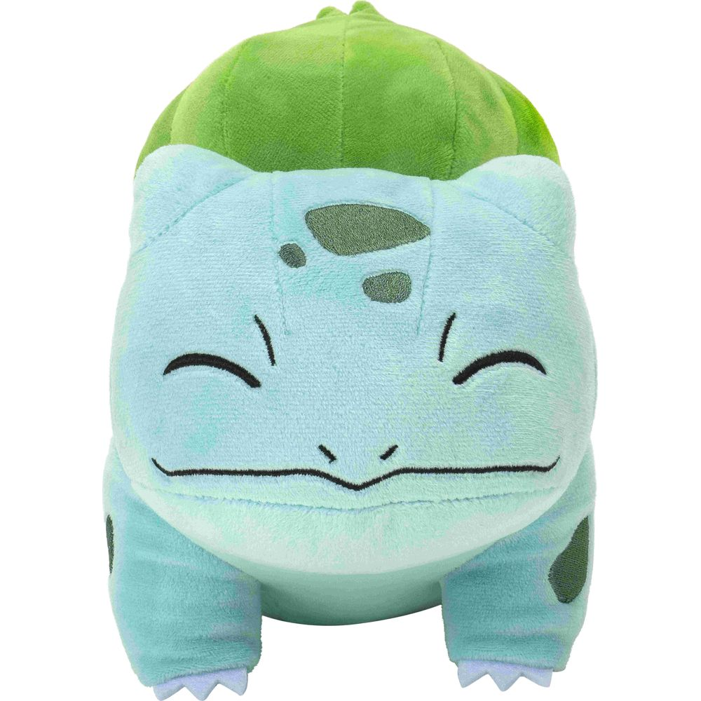 Un Bulbasaur en peluche bleu clair avec un bulbe vert sur le dos.