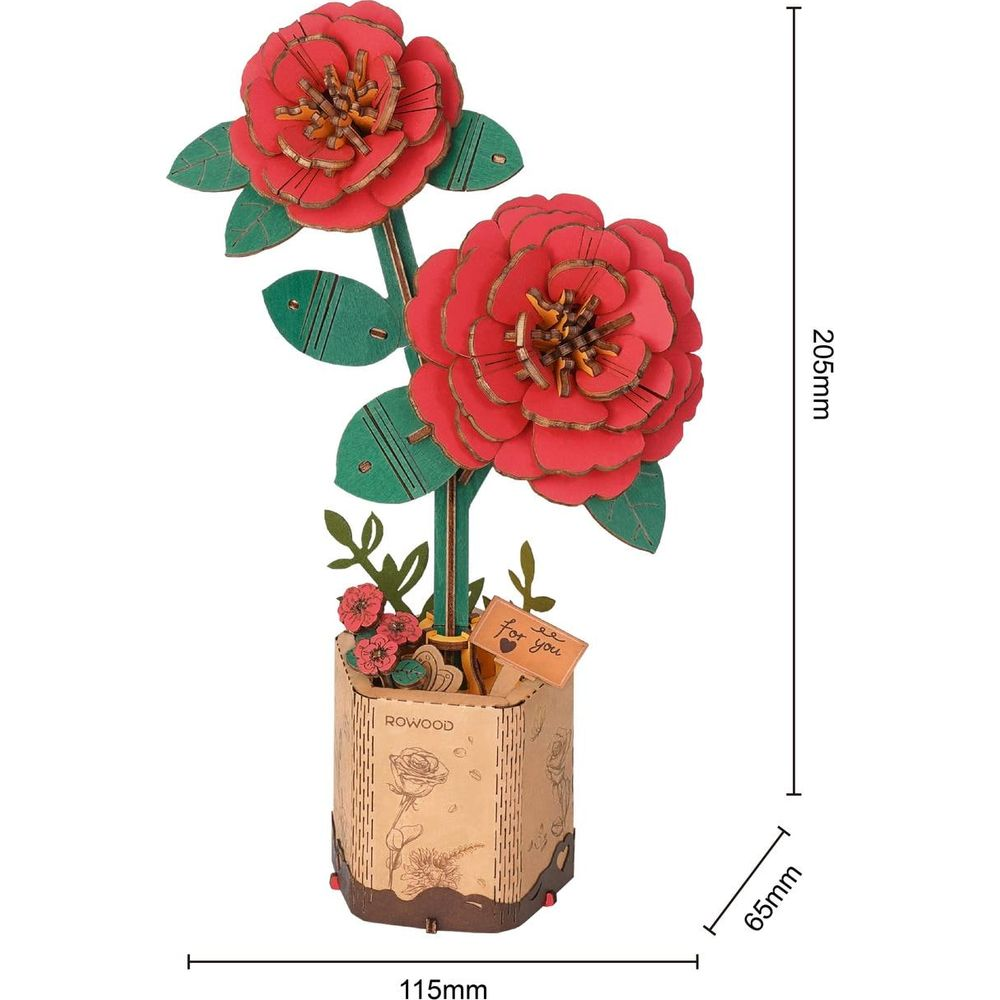 Drewniany model dwóch czerwonych róż w doniczce z etykietą 'for you'.