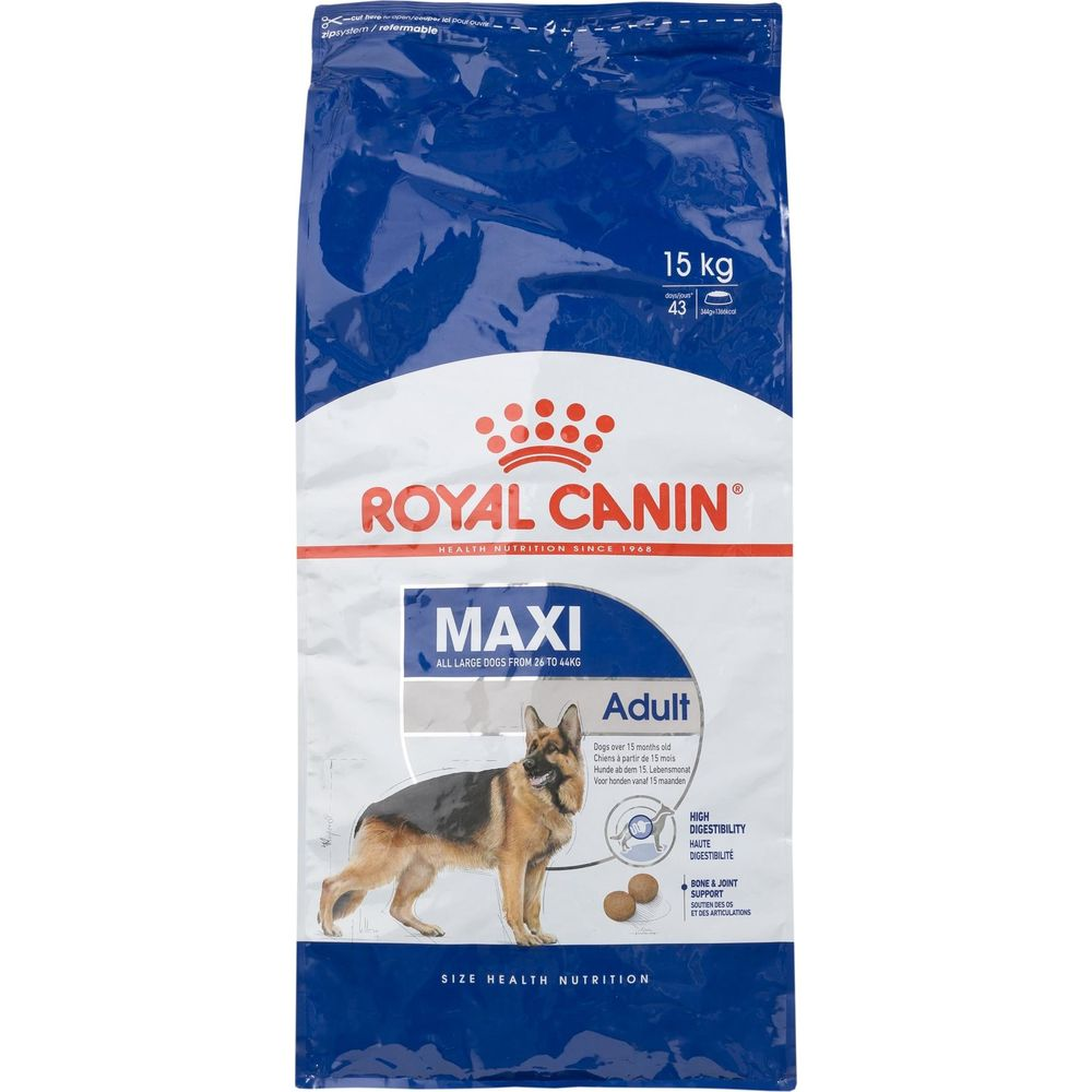Karma dla psów Royal Canin Maxi, worek 15kg, z ilustracją owczarka niemieckiego.