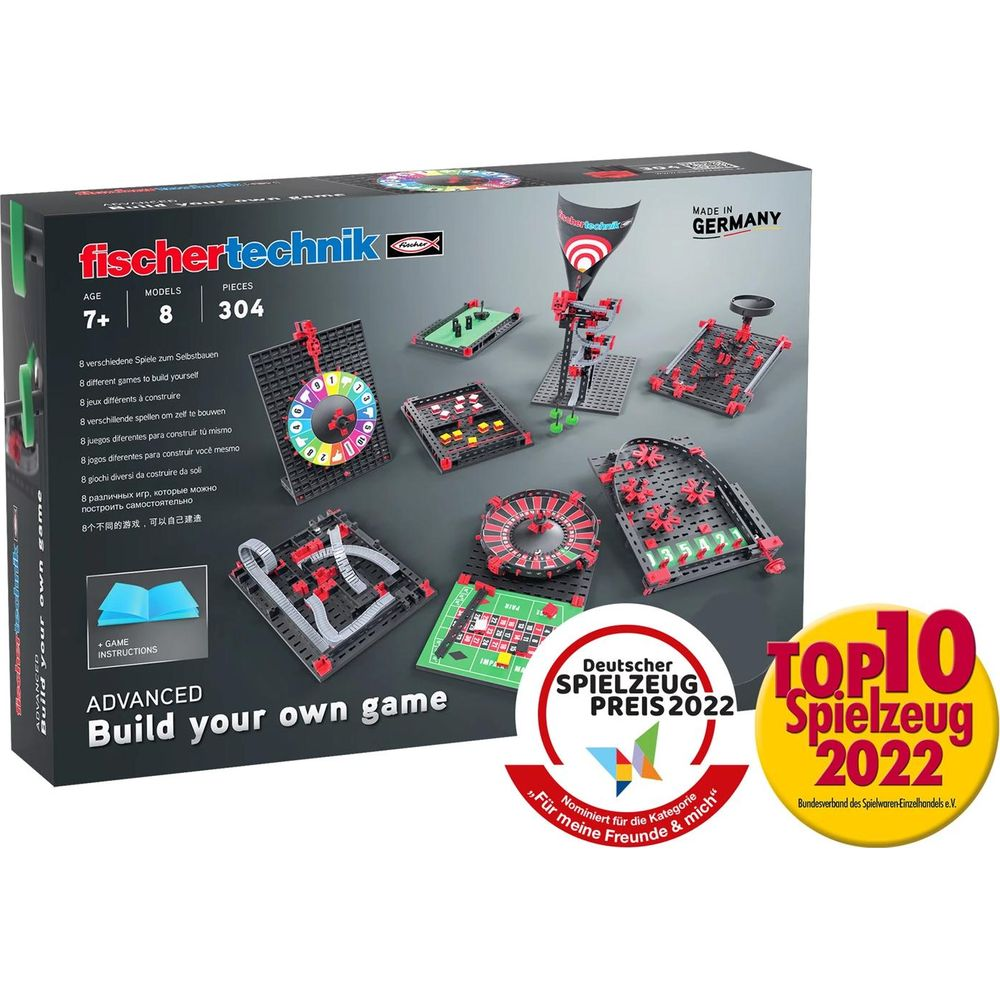 Jeu de construction Fischertechnik avec divers modèles de jeux et récompenses.