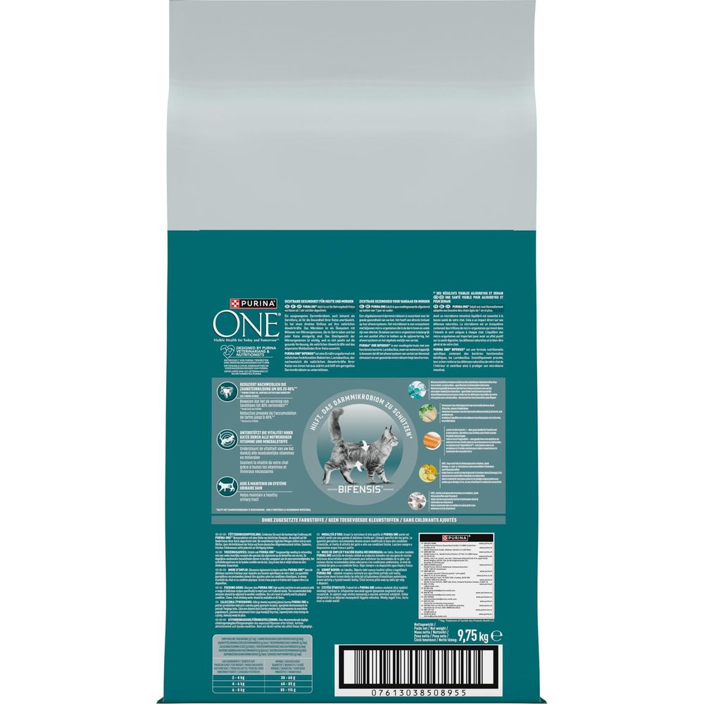 Torba z karmą dla kota z wizerunkiem kota, logo Purina One i informacjami żywieniowymi.