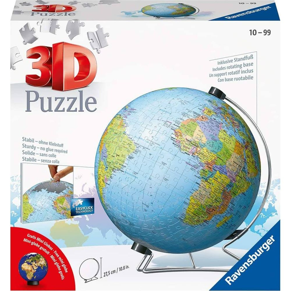 Puzzle 3D globus Ravensburger z obrotową podstawą i instrukcją.