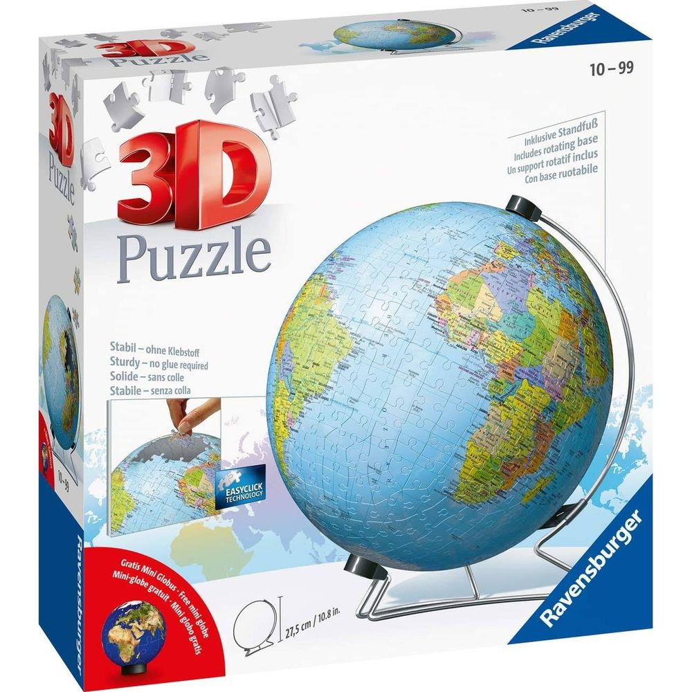 Globus 3D puzzle na stojaku, logo Ravensburger, wiek 10-99.