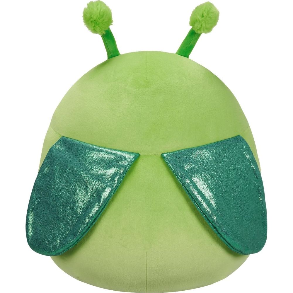 Jasnozielona, kulista pluszowa zabawka z dwiema antenkami i błyszczącymi zielonymi skrzydłami.