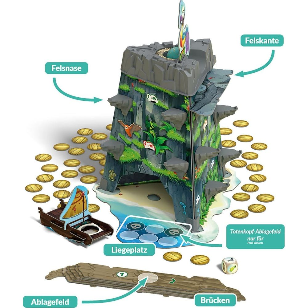 Spielaufbau mit Felsen, Schiff, Münzen und Spielfiguren auf weißem Hintergrund.