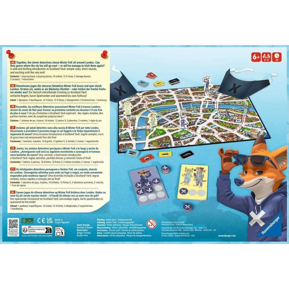 Bordspel met detectives, speelfiguren en een vos-personage op de voorgrond.