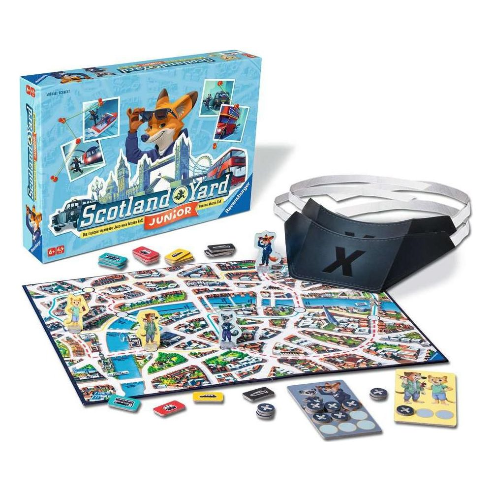 Scotland Yard Junior bordspel met speelfiguren, spelbord en accessoires.