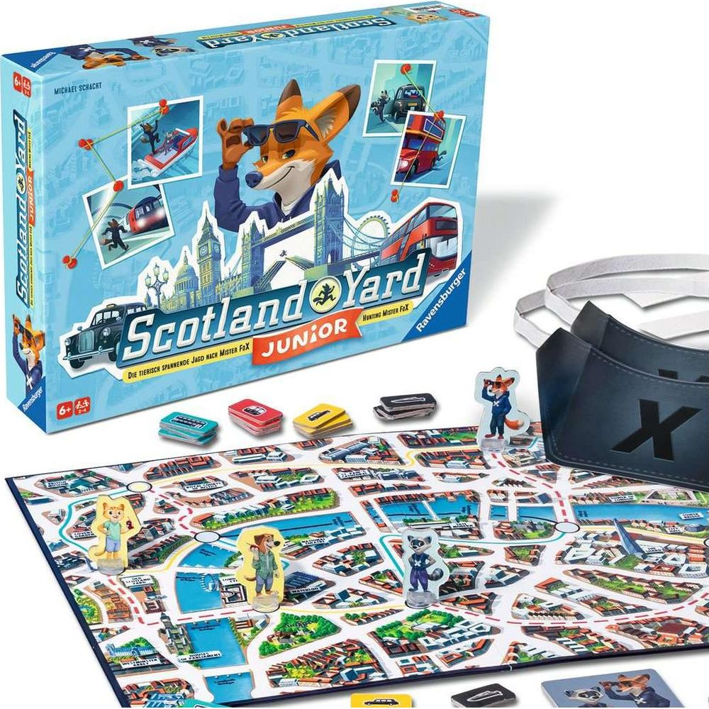 Scotland Yard Junior bordspel met speelbord, figuren en doos. Een vos draagt een zonnebril.