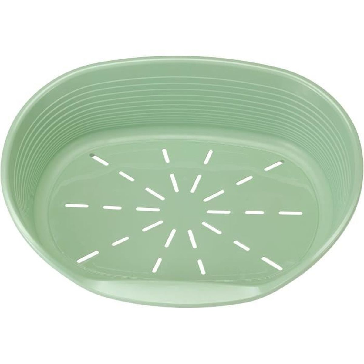 Una cesta ovalada de plástico verde claro con ranuras de ventilación.