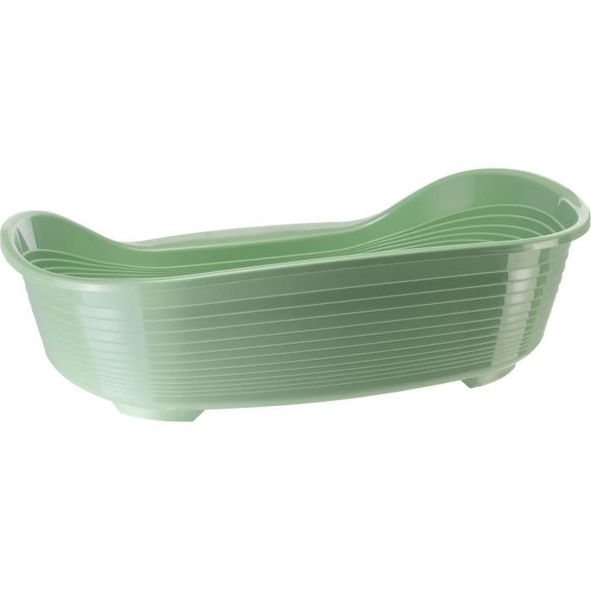 Una bañera de bebé verde claro con exterior acanalado y forma curva.