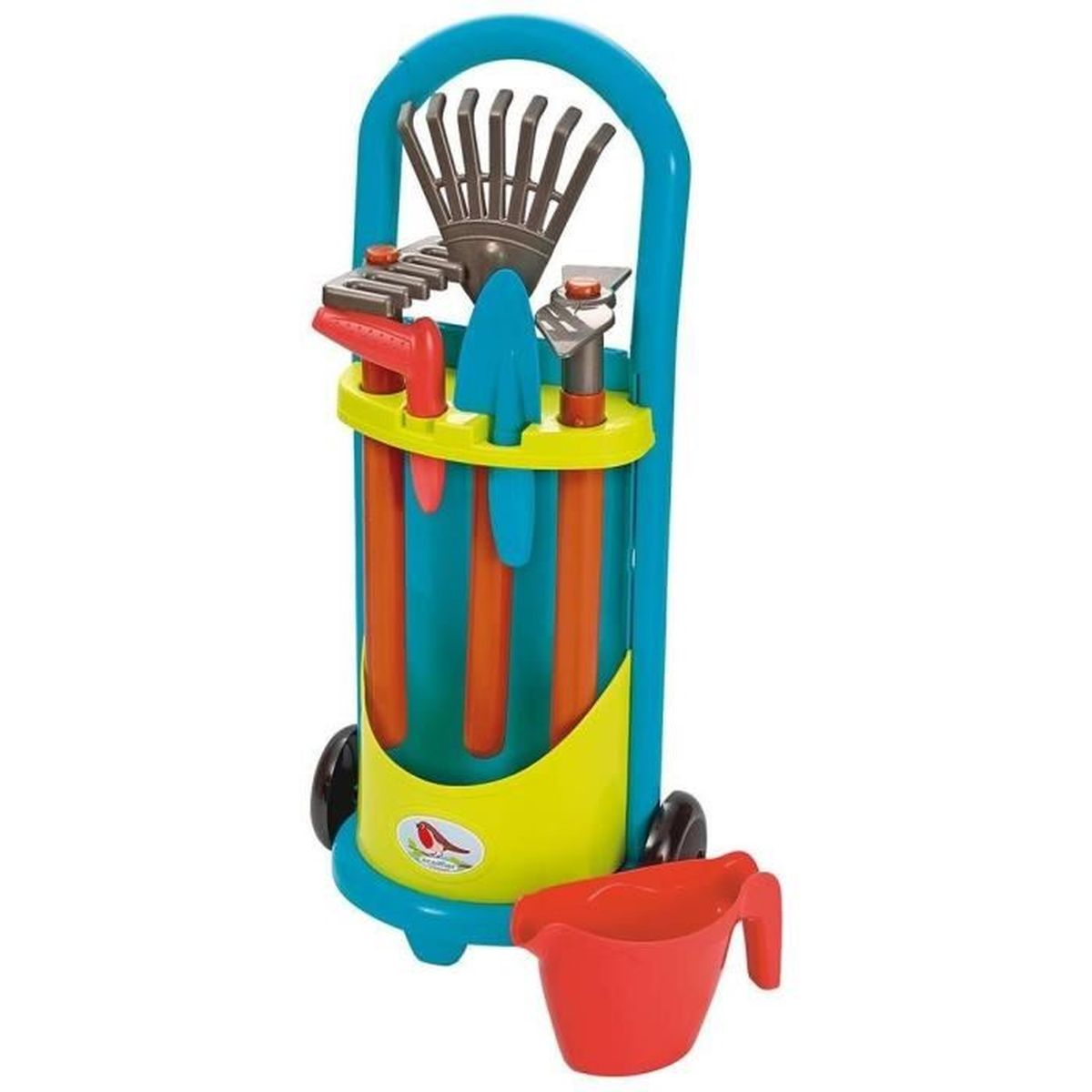 Juego de herramientas de jardín de juguete en un carrito.