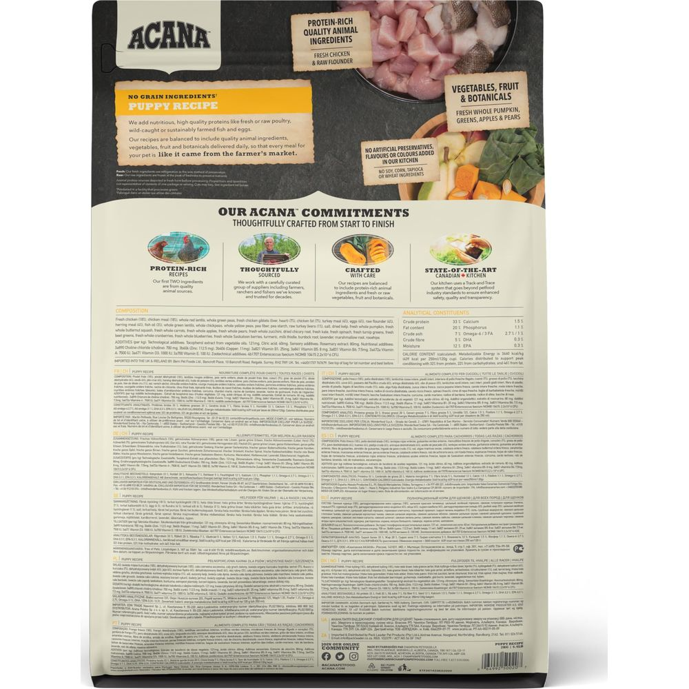 Opakowanie karmy dla psów ACANA z białkiem, warzywami i owocami.