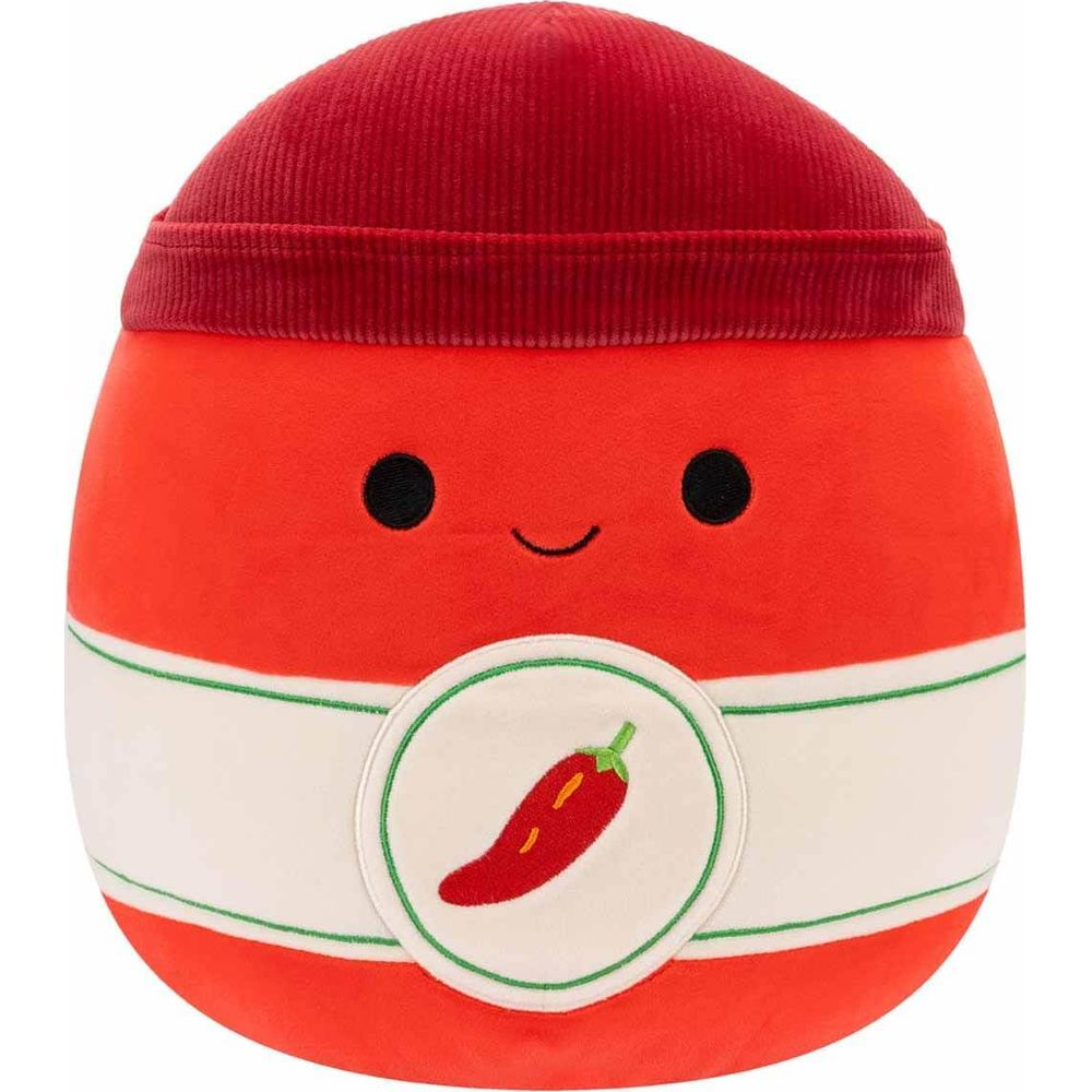 Ein rotes Plüschtier in Form eines Glases mit Chilischoten-Design und roter Mütze.