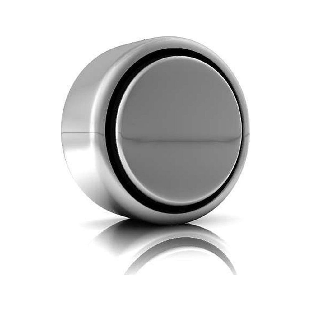 Un pulsante rotondo e lucido con un anello nero.