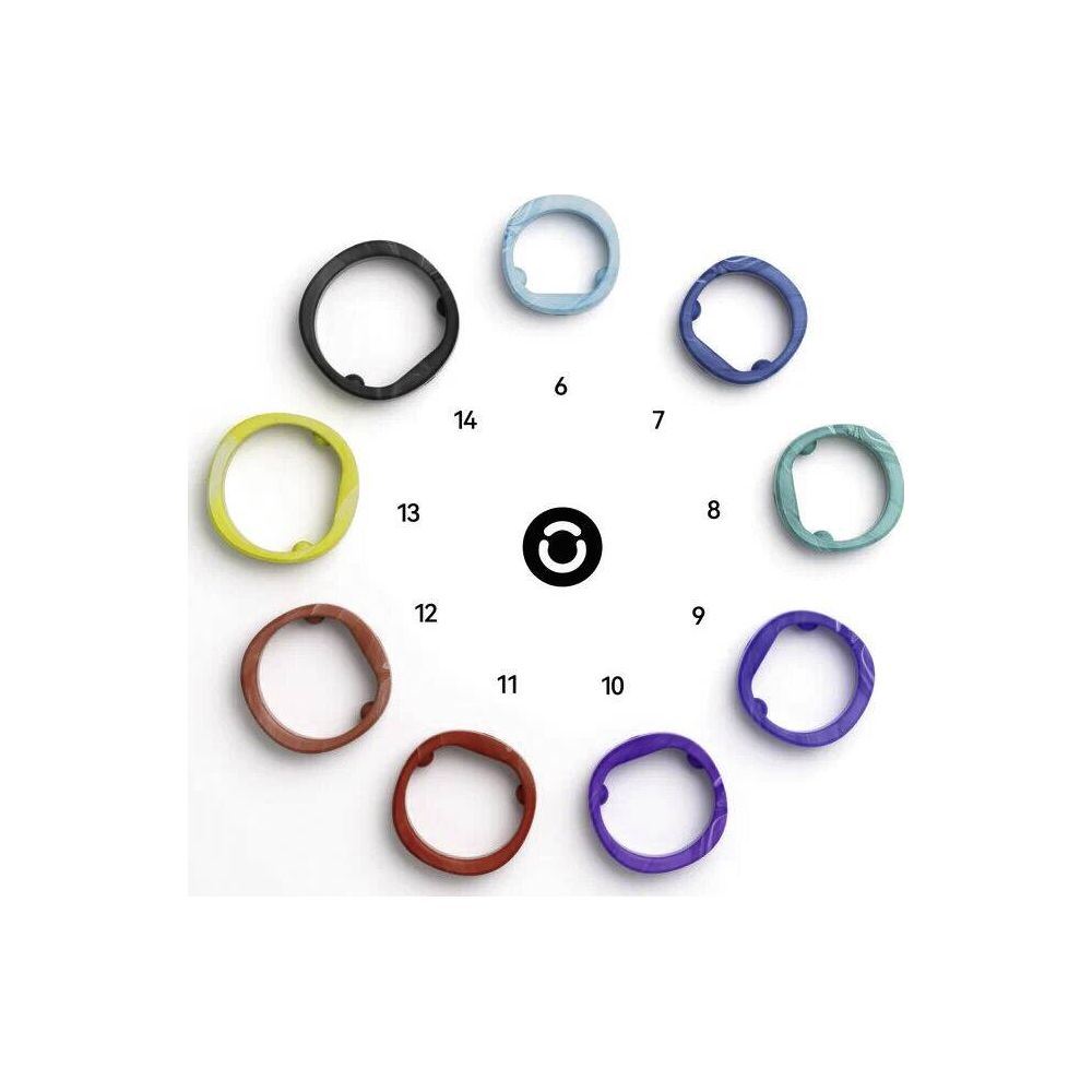 Mehrere bunte Ringe sind um ein schwarzes Symbol angeordnet.