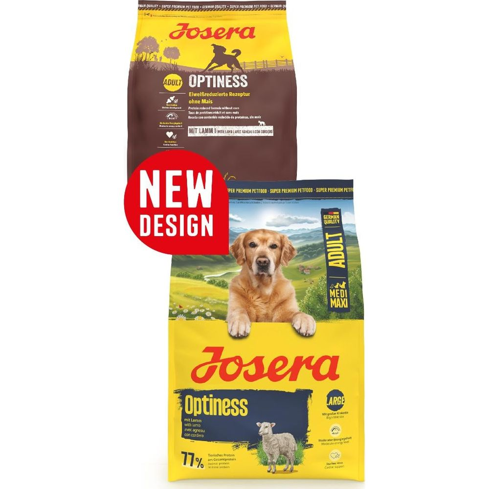 Dos bolsas de comida para perros Josera Optiness, una con pegatina "New Design".