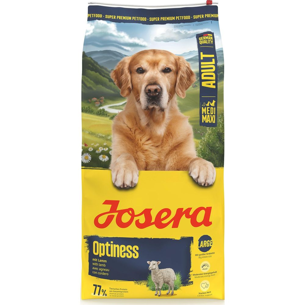 Golden Retriever en saco de comida para perros Josera Optiness con cordero, Adult Medi Maxi.