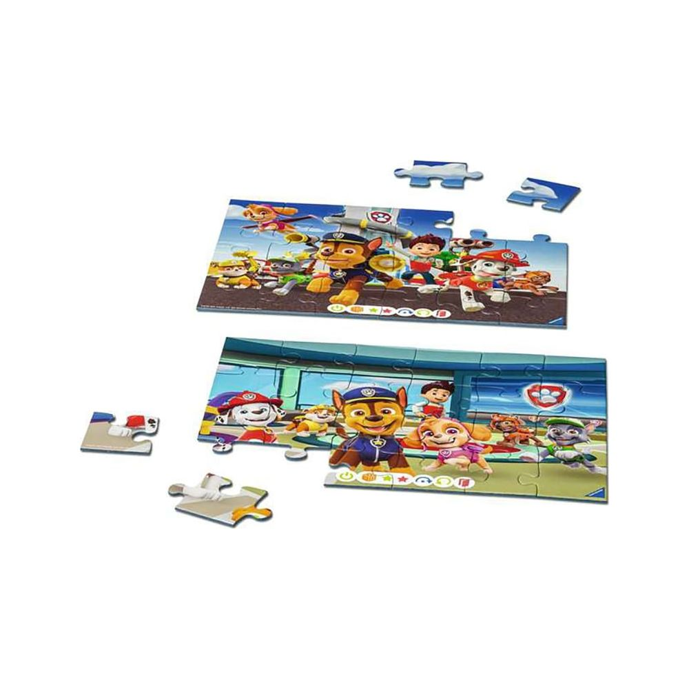 Zwei Paw Patrol Puzzles auf weißem Hintergrund. Ein Puzzle zeigt die Welpen im Flug.