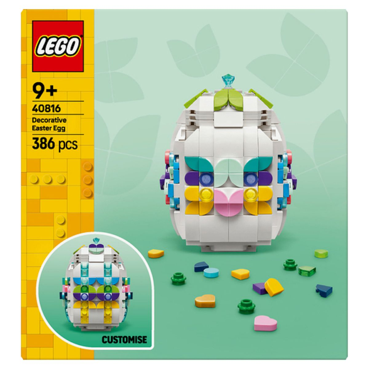 LEGO Paskalya Yumurtası yapım seti, talimatlar ve parçalarla birlikte. Renkli öğelerle süslenmiş.