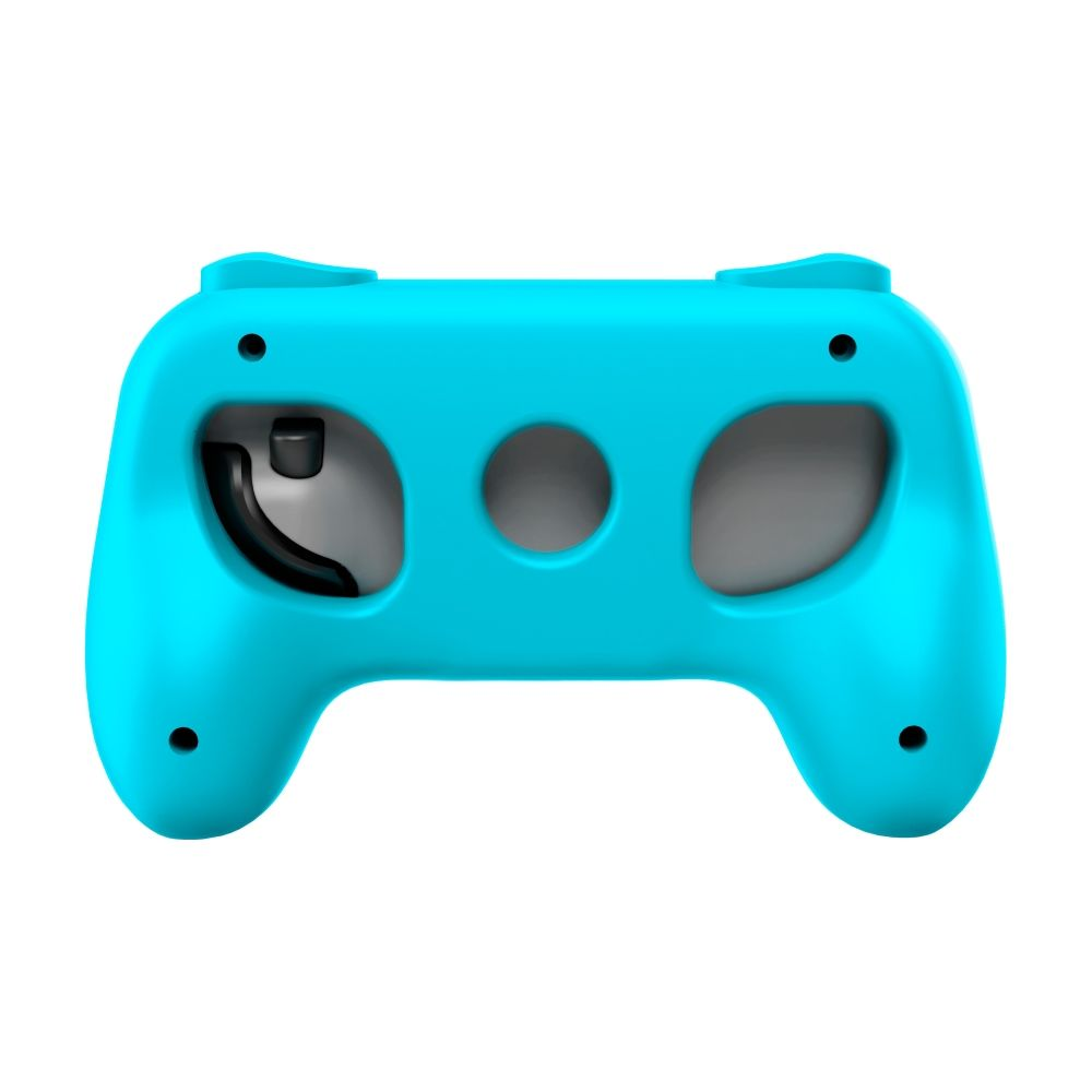 Un agarre de controlador azul con recortes para botones y un joystick.
