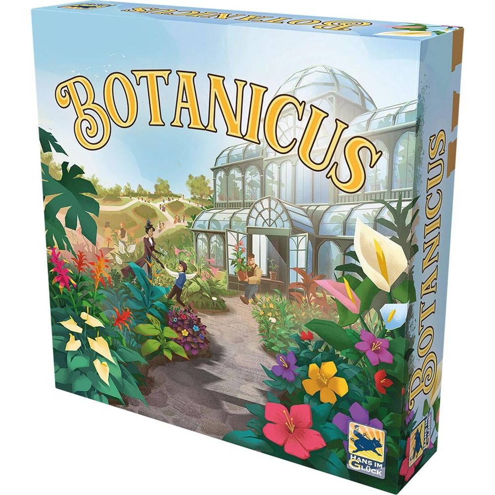 Una serra con fiori colorati e persone in primo piano. Titolo: Botanicus.