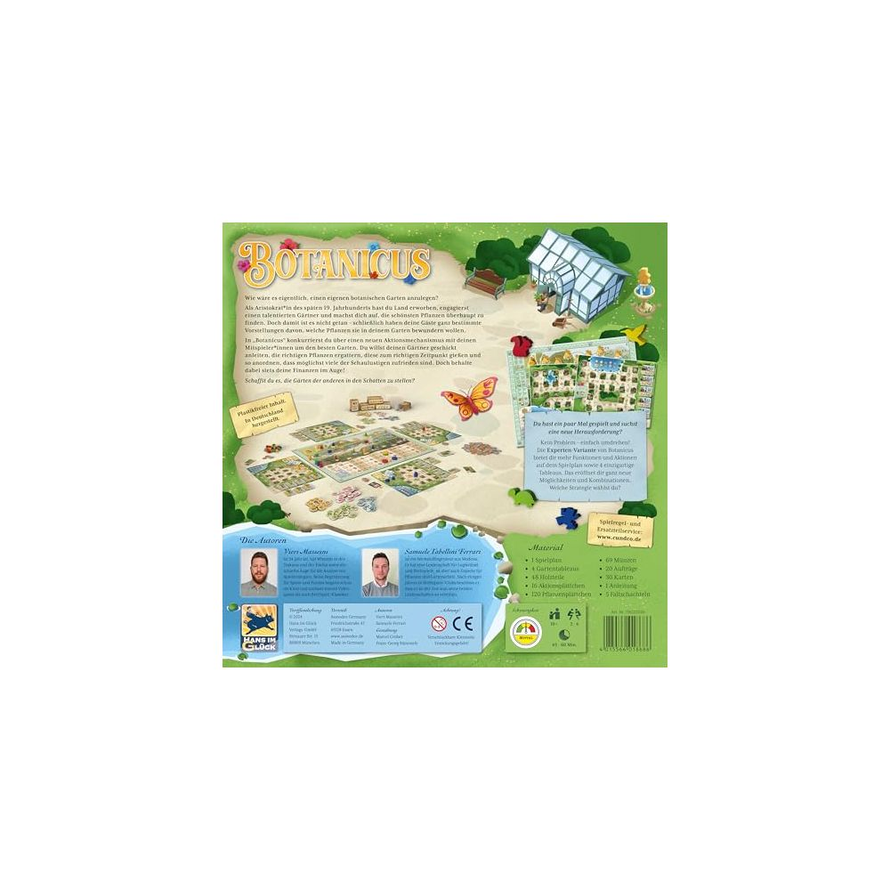 Gioco da tavolo "Botanius" a tema giardino, serra, tabellone e istruzioni.
