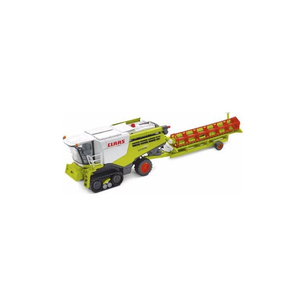 Biała i zielona kombajn Claas z dołączoną przystawką żniwną na białym tle.